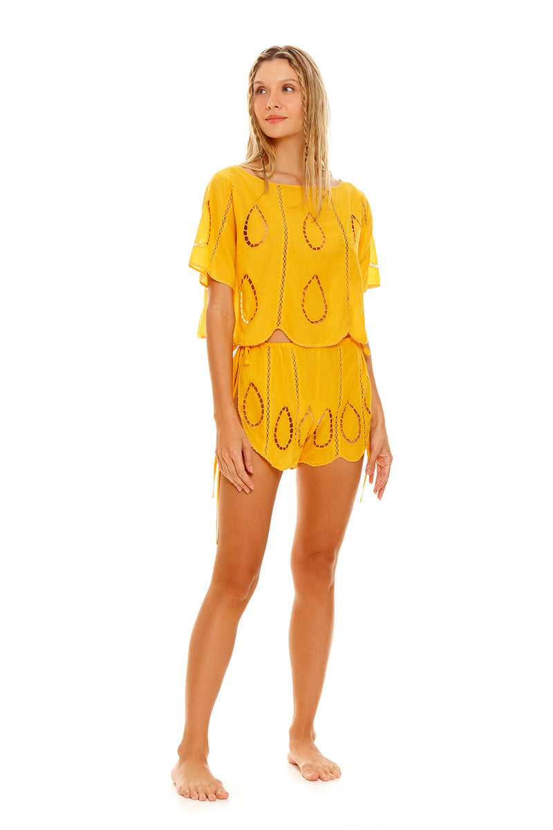 Bree Eames Yellow Embroidery Cut Shorts